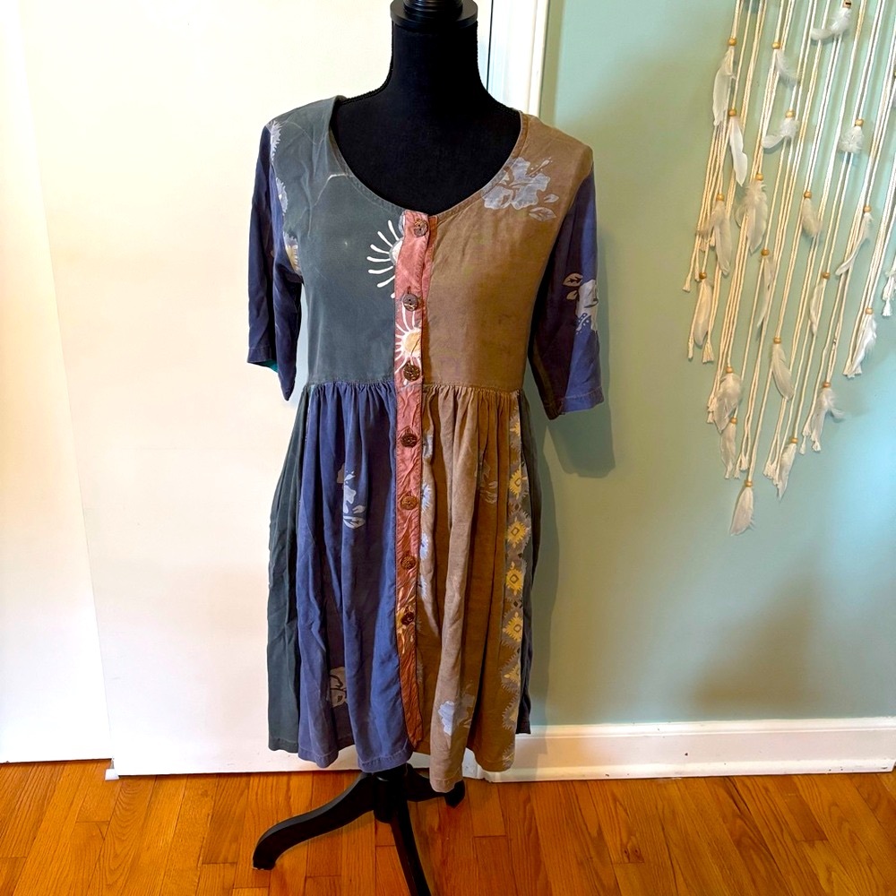 Multicolor Patchwork Dress with wooden buttons size medium